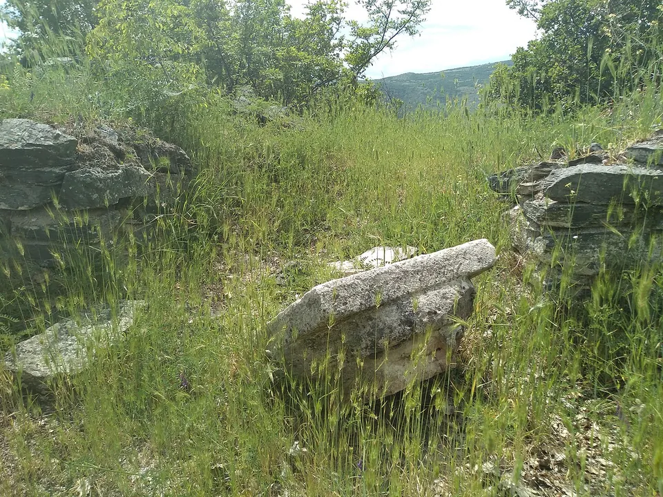 A long dressed stone block lying in tall grass between two stubs of wall built of flat stones.