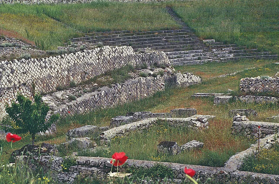Rows of stone seats rising up a grassy slope, with low stone walls faced in a net pattern of small square blocks in front of them and red poppies in the foreground.