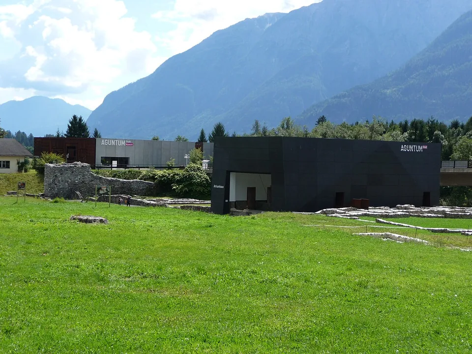 A long, low modern building clad in dark panels standing in a meadow, with a lower building beside it and forested mountains behind.