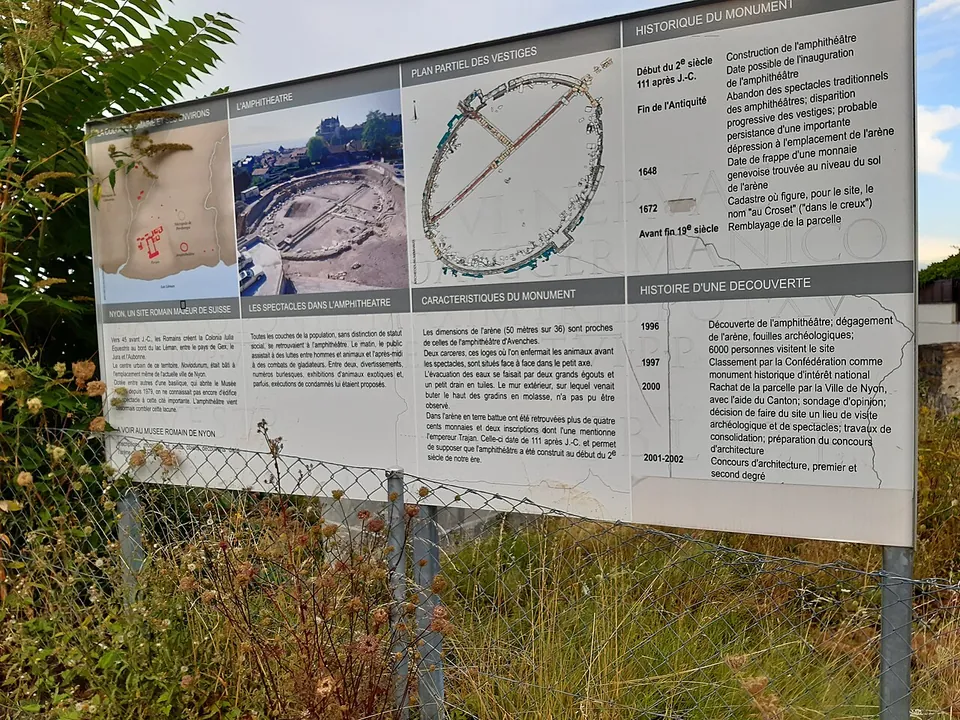A large information board behind a wire fence, with a map of the Roman colony, an aerial photograph of the excavated arena, a plan of the remains and panels of text in French.