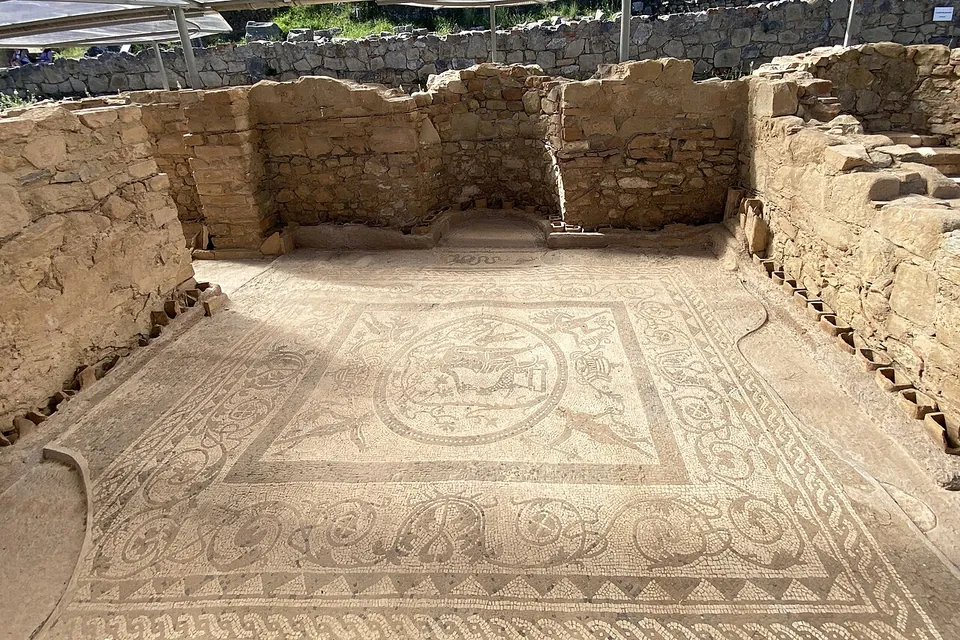 An excavated room with rough stone walls, its whole floor covered by a mosaic of geometric borders around a central medallion.