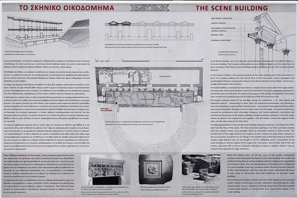 An information board in Greek and English headed "The scene building", with drawings of the reconstructed stage front and a ground plan, and photographs of carved marble pieces.