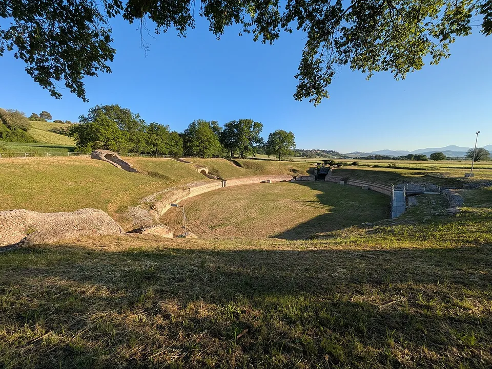 A broad grassy oval arena seen from its edge under overhanging branches, ringed by a low curving wall of pale stone with a grassy bank rising behind it and trees beyond.