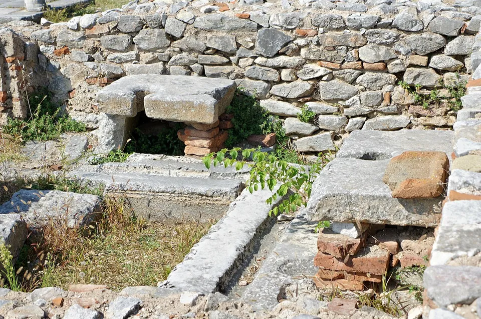 A row of stone seats with openings along the edge of a channel, set against a rubble wall with brick patches, with a fig plant growing between them.
