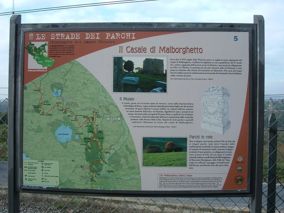 An outdoor information board headed "Le strade dei parchi" and "Il Casale di Malborghetto", with a route map of the parks north of Rome on the left and short texts on the building, its museum and the park network on the right.