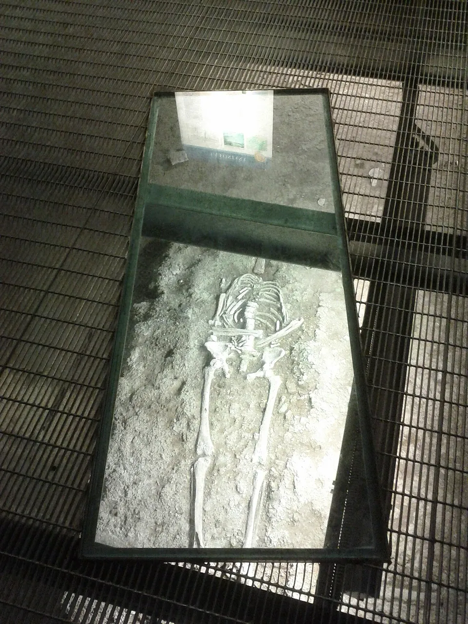 Looking down through a glass panel set in a metal-grid walkway at a skeleton lying on its back in an earth grave.