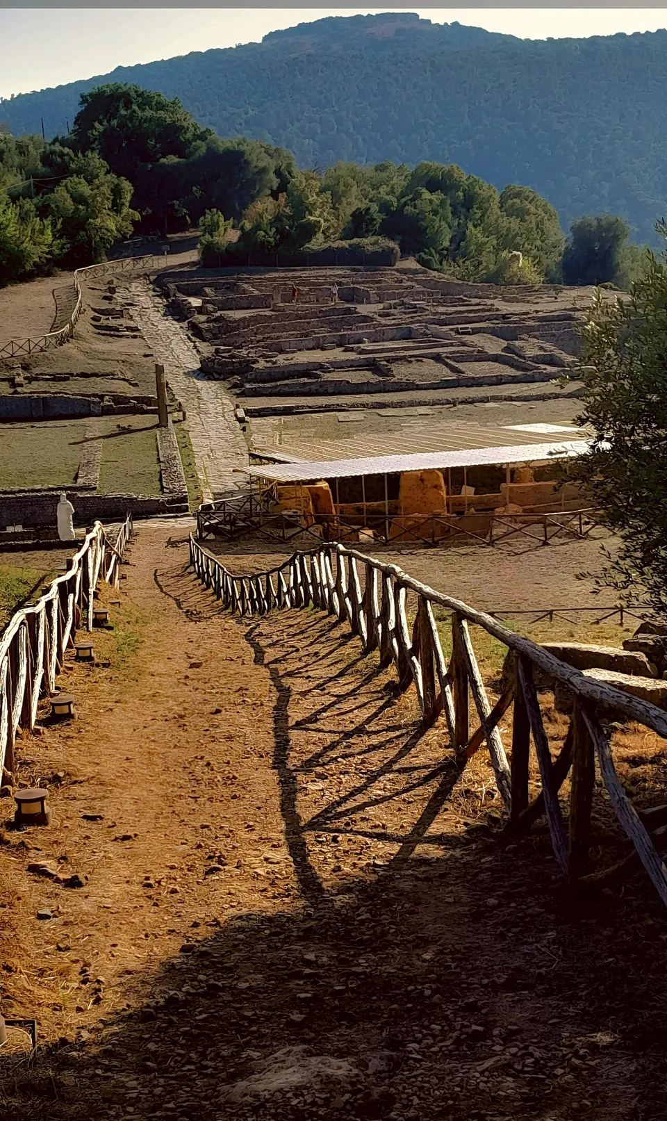A dirt path between wooden rail fences leads down a slope towards the excavations, laid out as low walls and foundations on the flat ground below, with a canopy roof and a wooded hill behind.