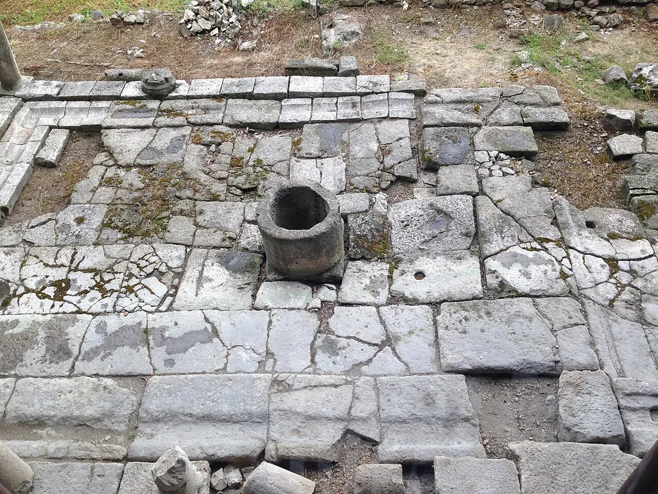 A courtyard paved with large stone slabs, with a round stone well-head in the middle, seen from above.