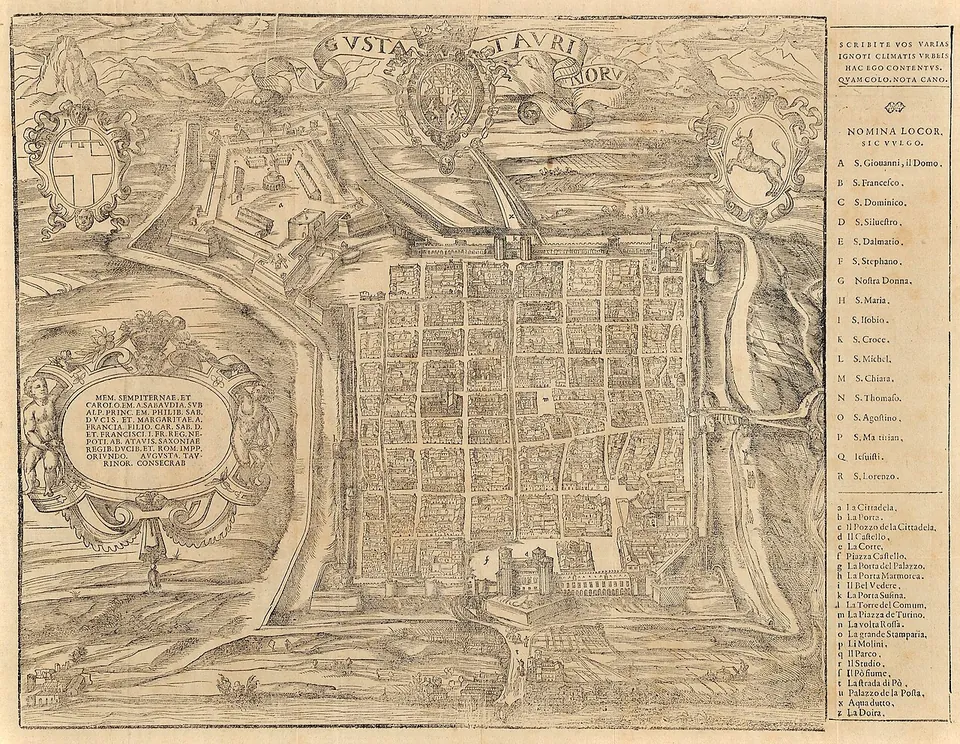 A sixteenth-century engraved bird's-eye plan of a walled town laid out as a regular grid of square blocks, a star-shaped fortress at one corner, a title banner reading Augusta Taurinorum and a numbered legend down the right-hand side.