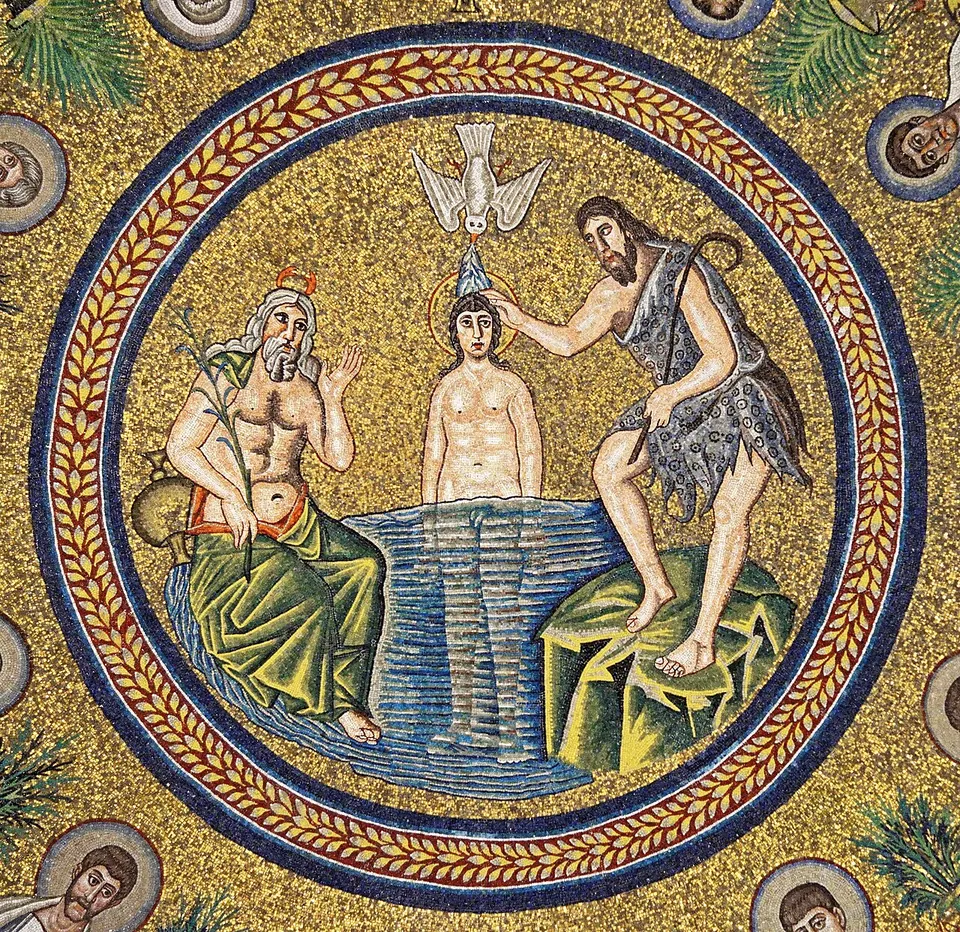 A round mosaic on a gold ground. A young man stands waist-deep in water, a bearded man in an animal skin lays a hand on his head, a white dove hovers above them, and an old man holding a reed sits at the left.