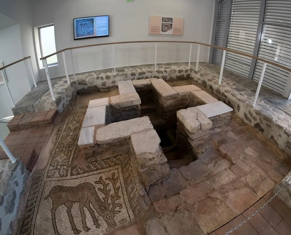 A cross-shaped stone font sunk into the floor, surrounded by mosaic with a stag standing among vines and a geometric border, behind a low railing.