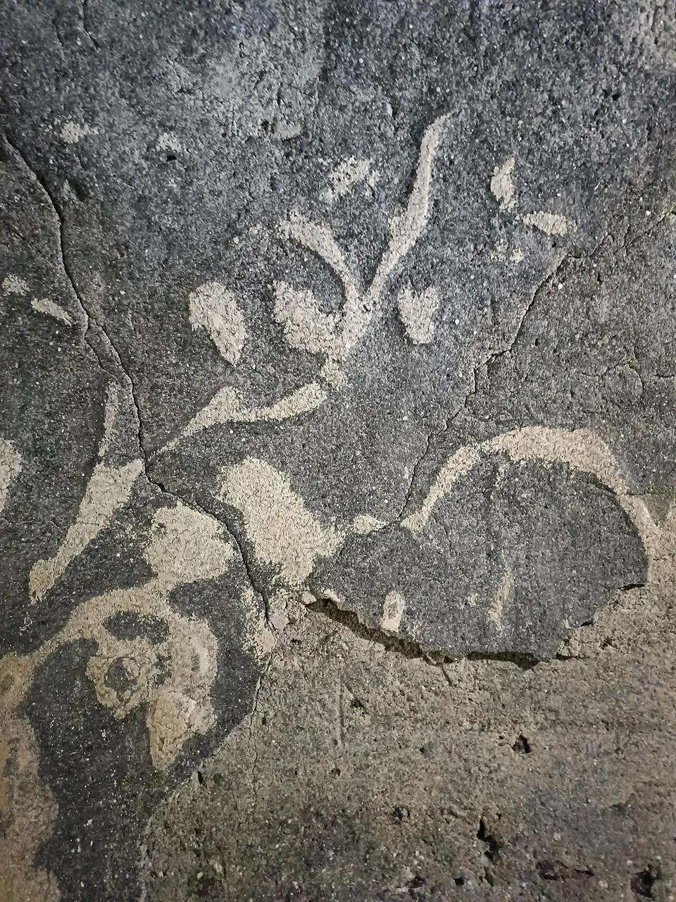 Close-up of a dark stone surface with a worn pale relief of curling vine tendrils and leaves.