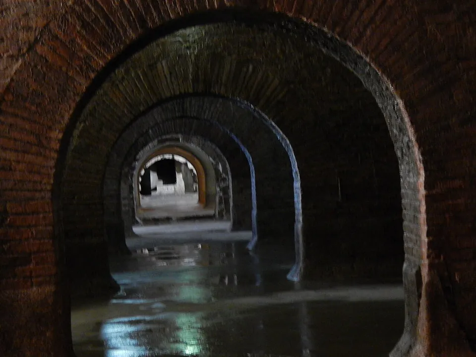 A long underground view through a line of brick arches, one behind another, with a film of water on the floor reflecting the light.
