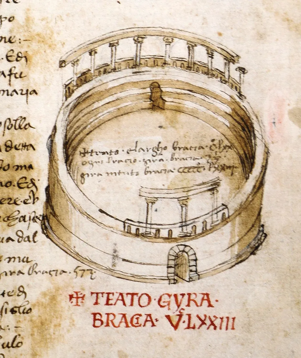 A pen-and-wash drawing on a manuscript page of a round arena with tiers of seating, a ring of columns along its top and an arched entrance at the bottom, with handwritten notes inside the ring and a red inscription beneath.