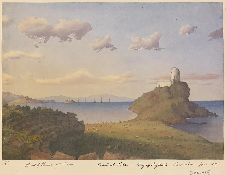 A watercolour of a grassy coastal promontory with the curved ruin of a theatre in the left foreground and a tower on a rocky headland across a bay, with ships at sea beyond.