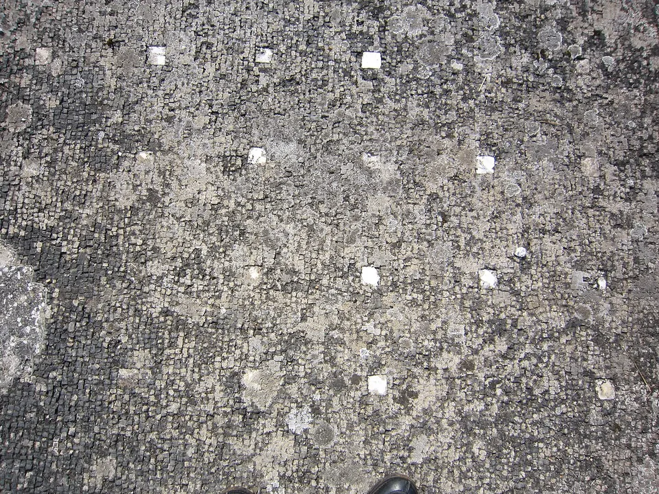 Close-up of a floor of small dark-grey mosaic stones, scattered with single white squares set in a loose grid.