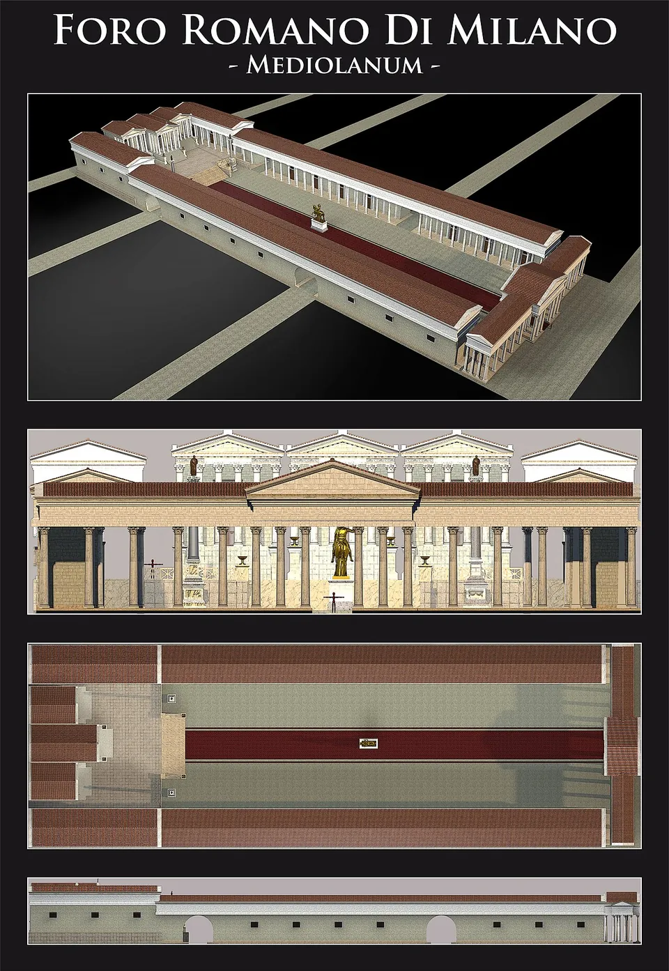 A drawn reconstruction in three views of a long rectangular square enclosed by colonnades, with a temple-fronted building at one short end, shown from above, in elevation and in plan.