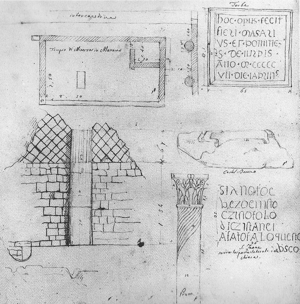 A pen drawing on paper with the rectangular plan of a building, a section of a wall with a lattice-pattern facing, a column with a leafy capital, and copies of Latin inscriptions.