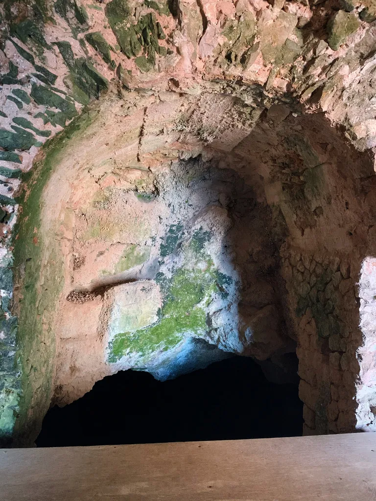 Looking down into a low natural cave, its rock roof stained pink, white and green, with a dark opening at the back and a wooden rail across the foreground.