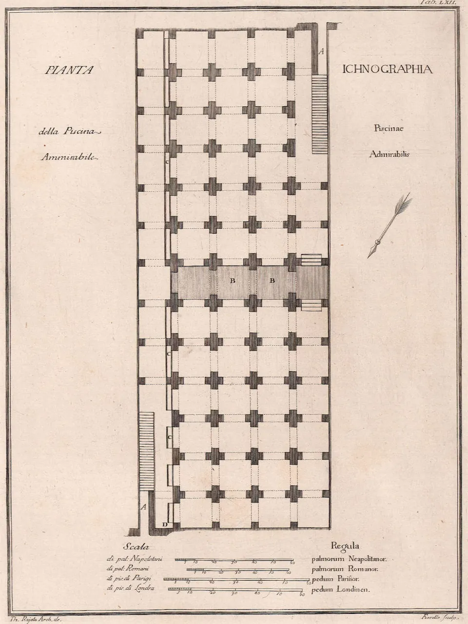 An 18th-century engraved floor plan of a long rectangle filled with a grid of cross-shaped piers, four rows of them, with hatched features at two corners and scale bars below.
