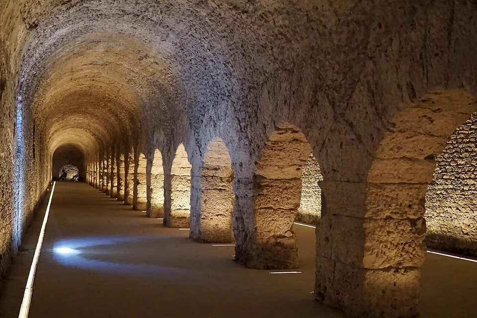 A long, lit underground gallery with a vaulted ceiling, a row of stone arches separating it from a second aisle, and a lit path along the floor running away into the distance.