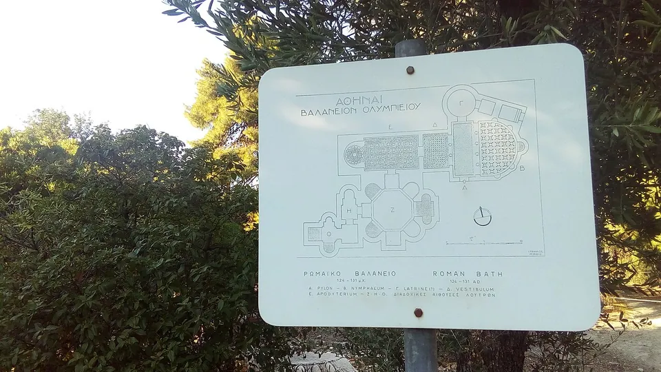 A white sign on a post among bushes, with a ground plan of a bath building, a heading in Greek and the words "Roman bath, 124–131 AD".