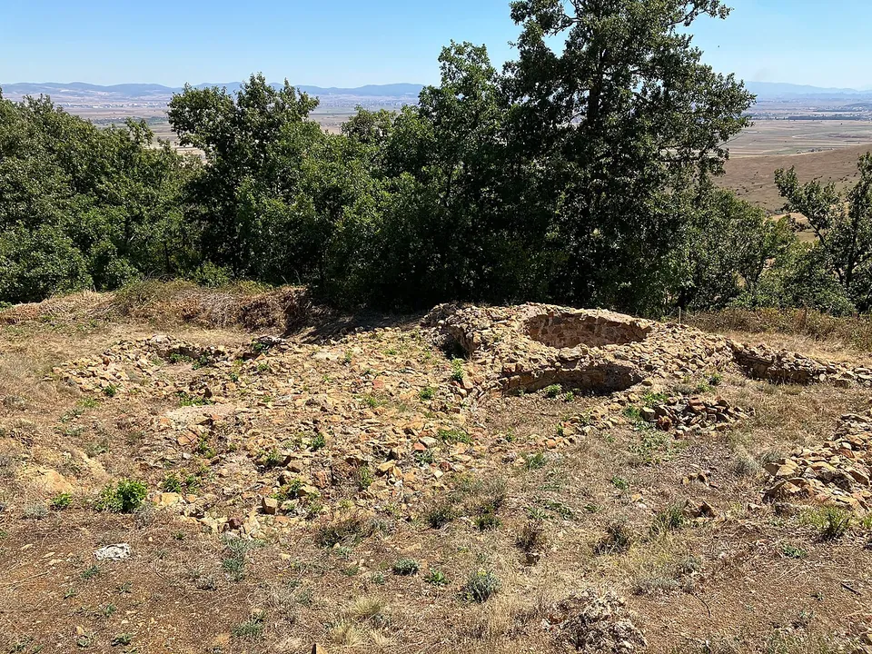 Low excavated stone foundations, one of them curved, on a dry open hilltop, with trees behind and a flat plain and distant hills on the horizon.