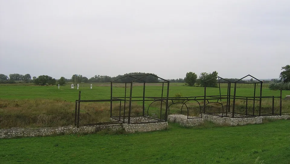 A low wall of pale rubble stone across a mown meadow, with two black steel frames standing on it that outline a pair of gabled towers and the arched openings of a gateway; grassland and trees stretch away behind.