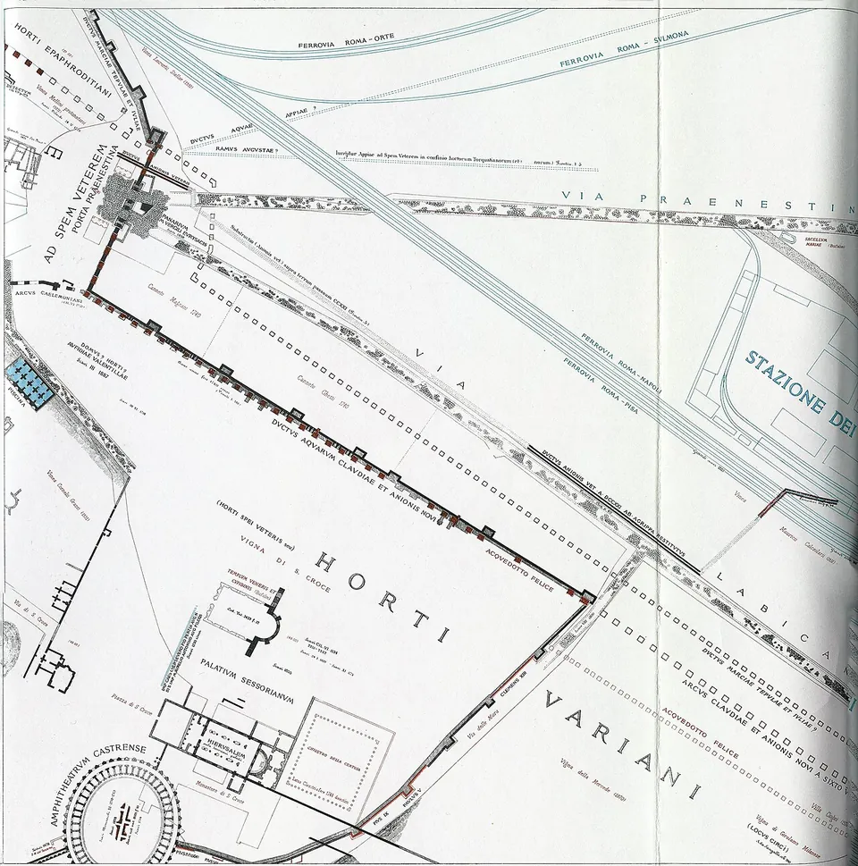 An old archaeological plan drawn over a modern street grid, with railway lines crossing the top, a heavy dashed line running across it, and the words HORTI VARIANI lettered across open ground.
