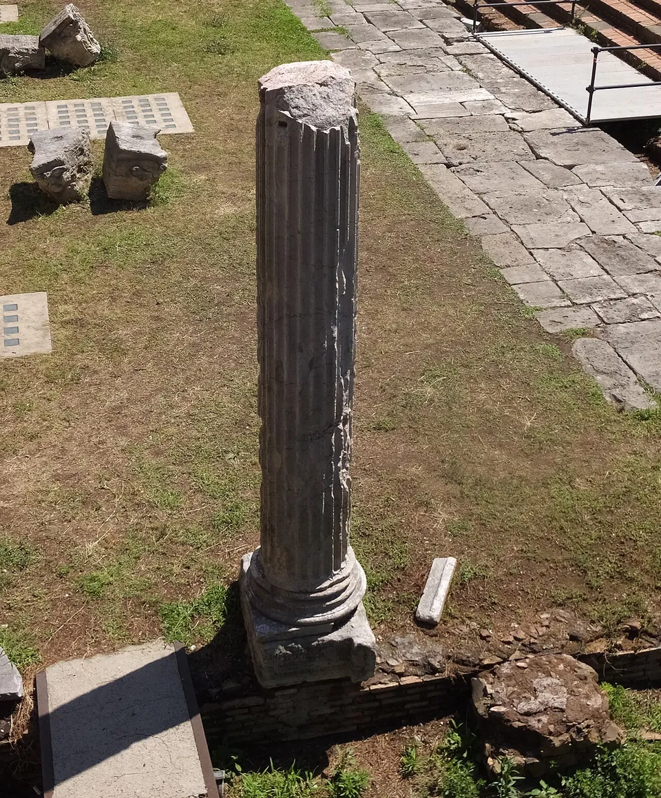 A single fluted column shaft, broken off at the top, standing on its moulded base in the grass beside a strip of stone paving.