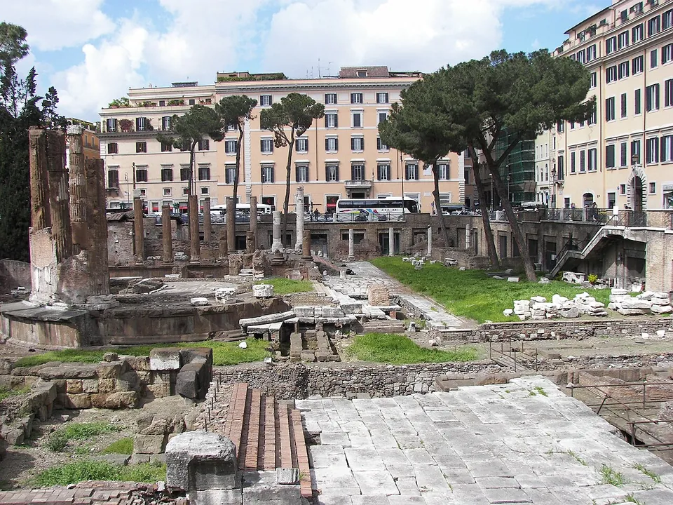 Ruins seen across the sunken area, a tall weathered column fragment on a stone base at the left, a row of tall column stumps behind, scattered blocks on grass, brick steps and travertine paving in the foreground, with apartment buildings and a bus on the street above.