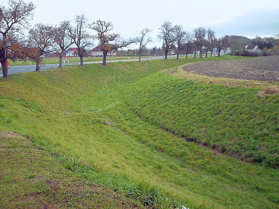 A long, shallow grassy ditch curving across a field, with a row of bare trees along a road beyond it.