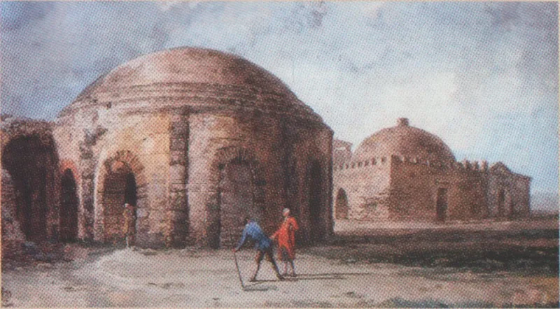 A painting of a large domed building with arched openings around its base and two figures in front of it, with a second, crenellated domed building behind.
