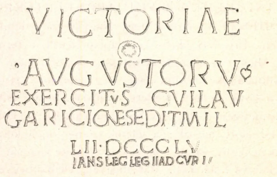 A drawing of the inscription's letters in outline, line by line, from VICTORIAE and AVGVSTORV at the top to abbreviated lines with numerals at the bottom.