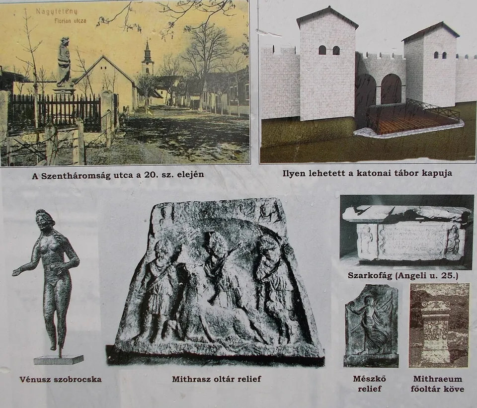 An information board with photographs of finds - a bronze statuette of Venus, a stone relief of Mithras, a sarcophagus and smaller reliefs - beside a drawing of a reconstructed fort gate with two square towers and an old postcard of the village street.