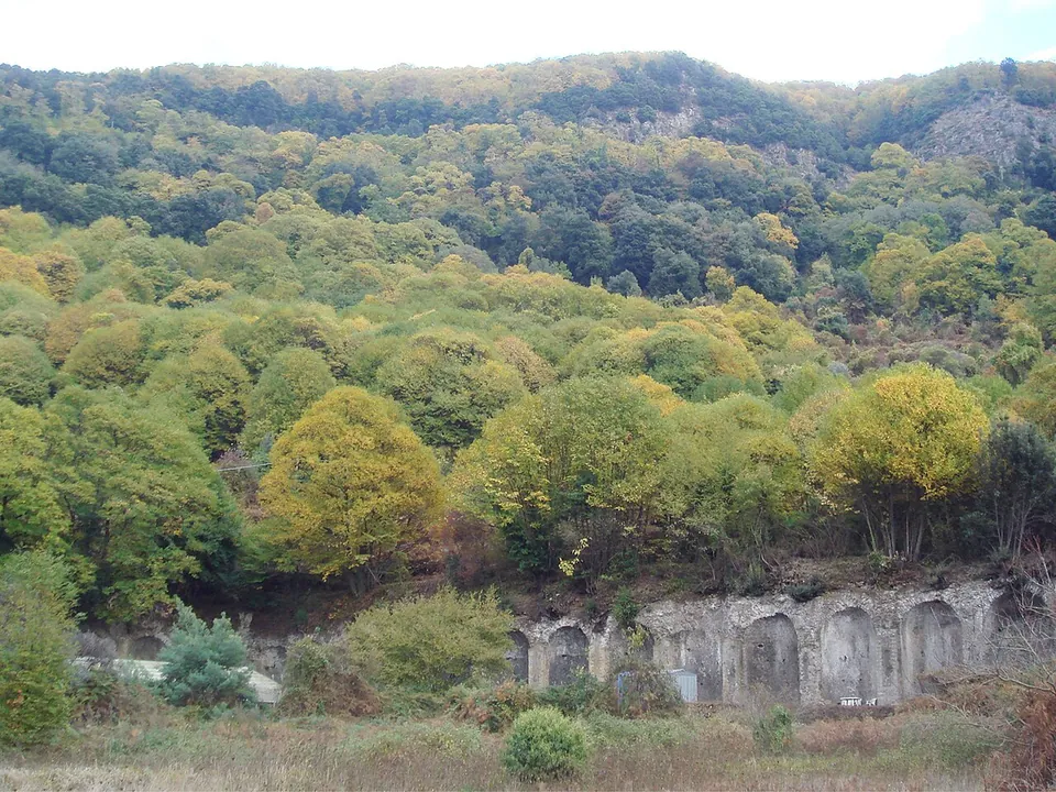 A long wall pierced by a row of tall round-headed niches runs along the foot of a steep wooded slope in autumn colours, with scrub and rough grass in front of it.
