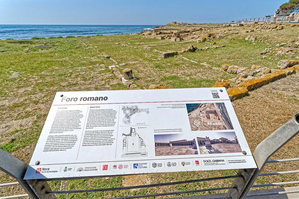 A white information panel headed "Foro romano", with a plan and photographs, on a metal stand in front of a grassy area crossed by low lines of stone foundations, the sea on the horizon.