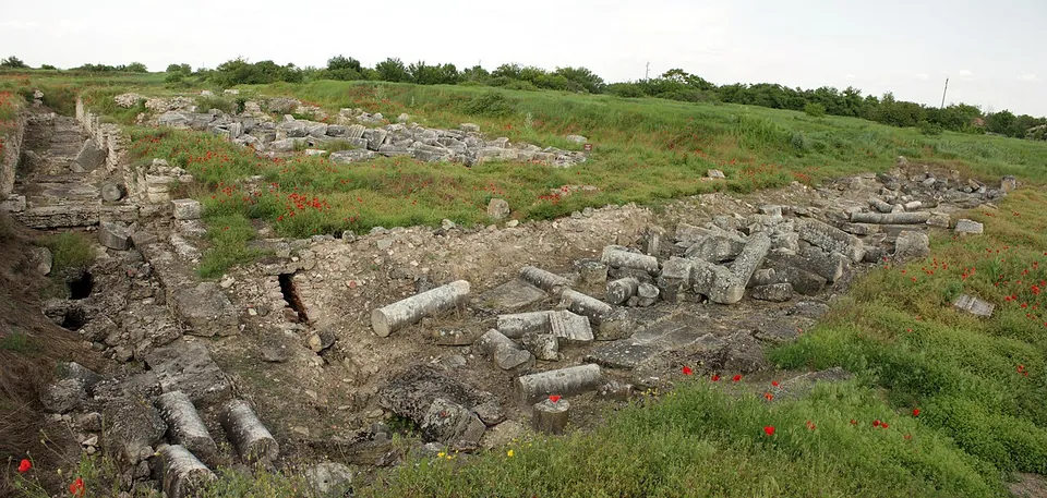A wide view of a grassy excavation with low walls of rough stone, fallen column drums and squared blocks lying in heaps, poppies in the grass and a line of trees behind.