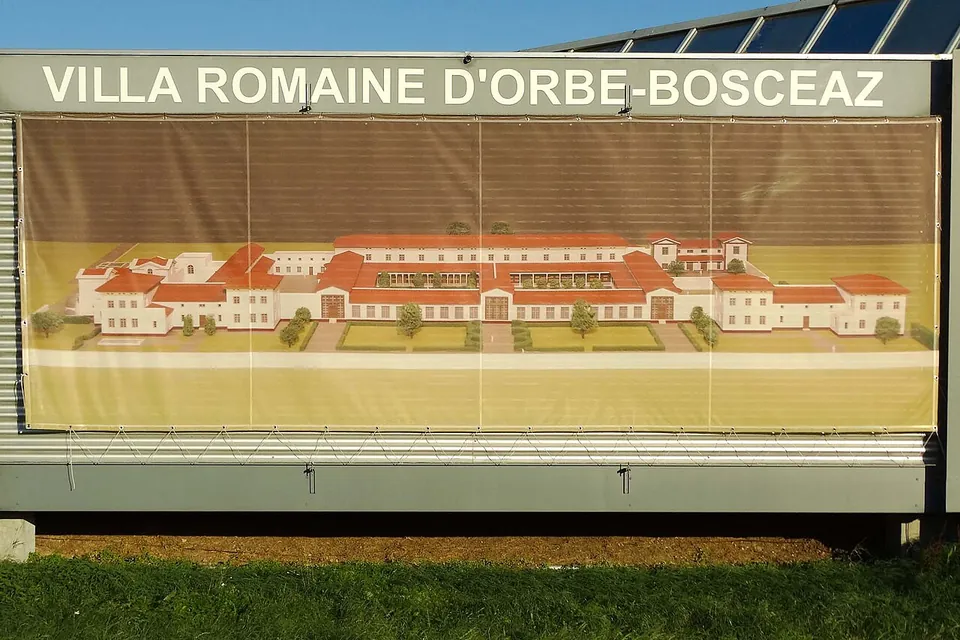 A long low building with a banner headed "Villa romaine d'Orbe-Boscéaz" showing a painted reconstruction of a large villa with red-tiled roofs around courtyards.