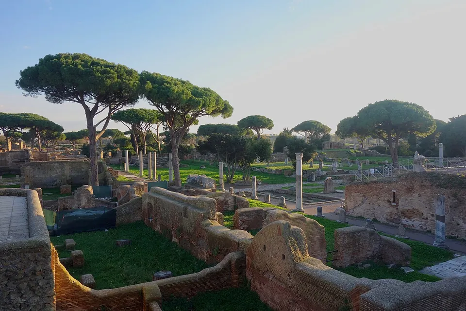 Low brick walls and foundations among grass in the foreground, and beyond them a wide spread of excavated walls, scattered standing columns and tall umbrella pines under a pale sky.