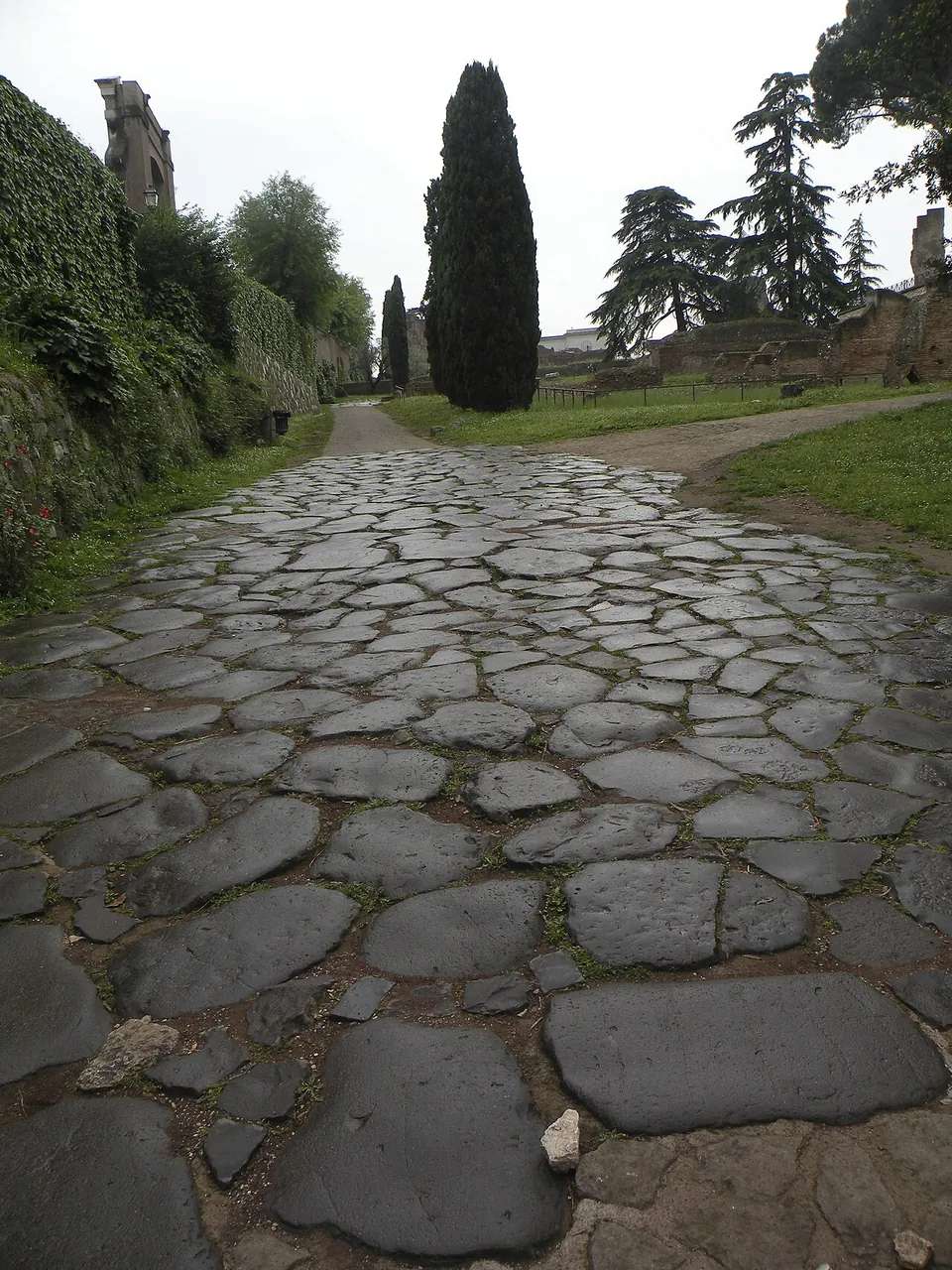 A path of large dark polygonal paving stones running between a wall covered in ivy on the left and lawns and tall cypresses on the right.