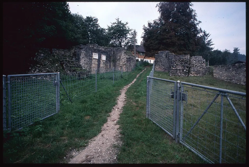 A gravel path running between two wire-mesh fences with an open gate, towards ruined stone walls among trees.