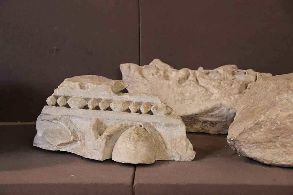 Carved fragments of pale stone on a display shelf, the largest a piece of moulding with a row of small square blocks along its edge.