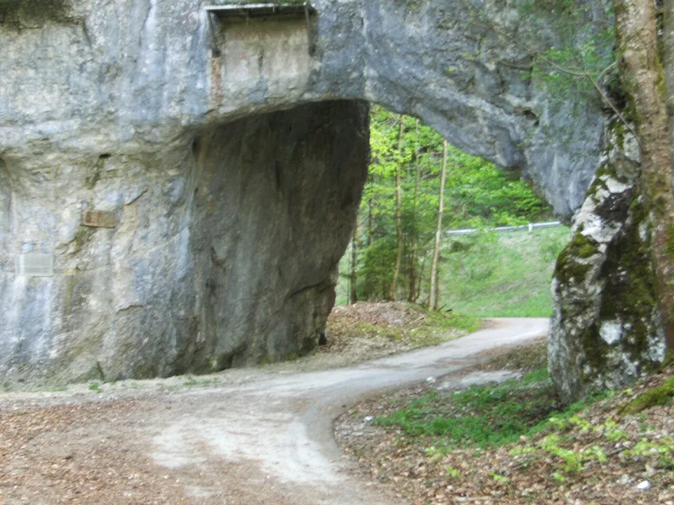 A gravel lane curving through a broad natural arch in a grey rock cliff, with a rectangular panel cut into the rock face above the opening and spring woodland beyond.