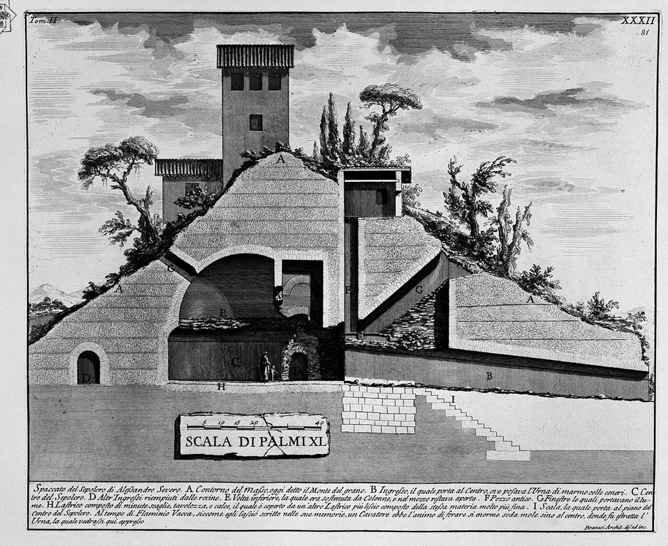 An 18th-century engraving of the tomb cut open, showing the mound in section with the long sloping corridor and the round two-storey chamber inside, a square tower and trees on top, and a scale bar and lettered key below.