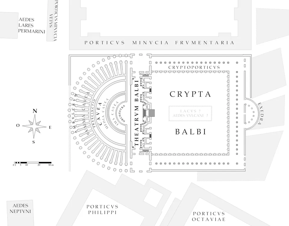 A plan drawing. On the left, the semicircular seating of the Theatre of Balbus; behind its stage, a large rectangular courtyard ringed by colonnades and labelled Crypta Balbi, with a semicircular exedra on its eastern side; along the top, the Porticus Minucia Frumentaria.