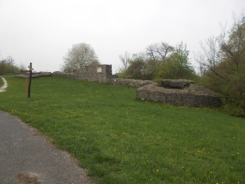 An asphalt path along a grassy slope with a wooden signpost, leading to low stone walls and a squared block of masonry with a plaque.