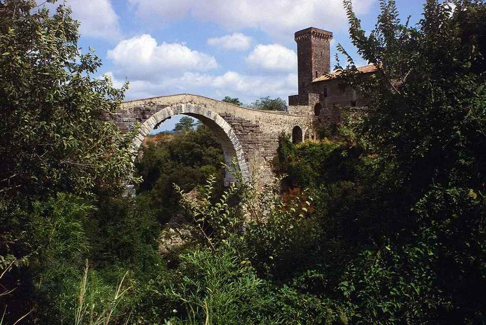 A tall, round stone arch rising out of dense trees and shrubs, its humped deck running to a square crenellated tower and castle buildings on the right.