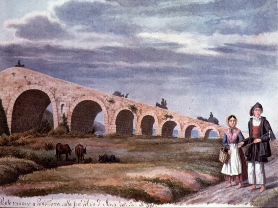 A painted view of the arched stone bridge rising over a meadow by the river, with a man and a woman in traditional dress standing in the foreground and two cattle grazing beside the bridge.