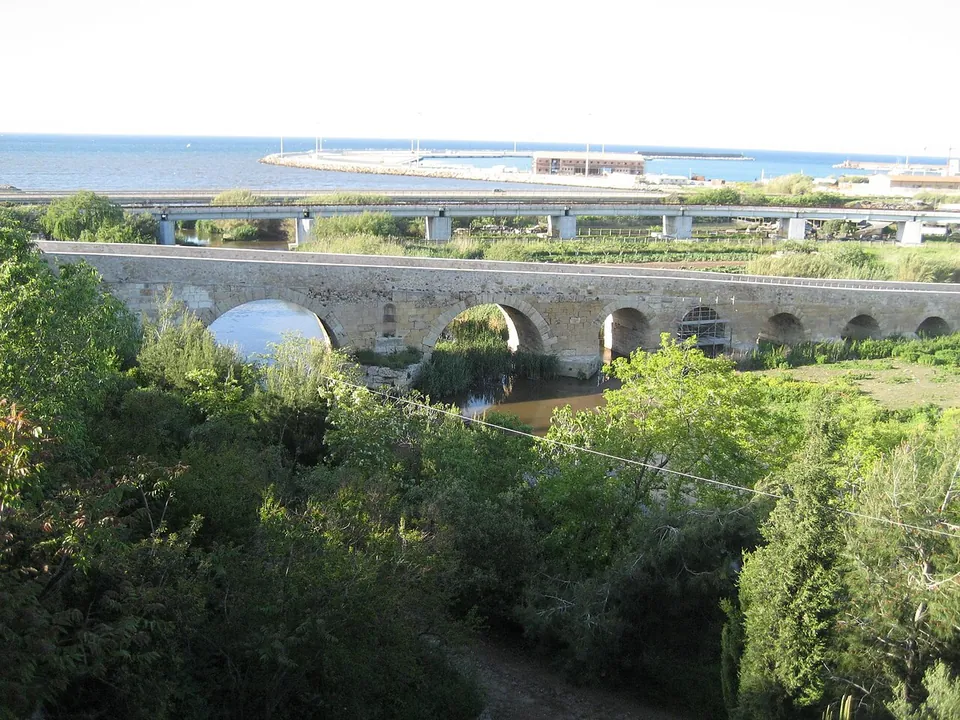 The bridge seen from a wooded slope above the river, its arched stone length half hidden by trees, with a modern road bridge, the harbour breakwater and the open sea behind it.